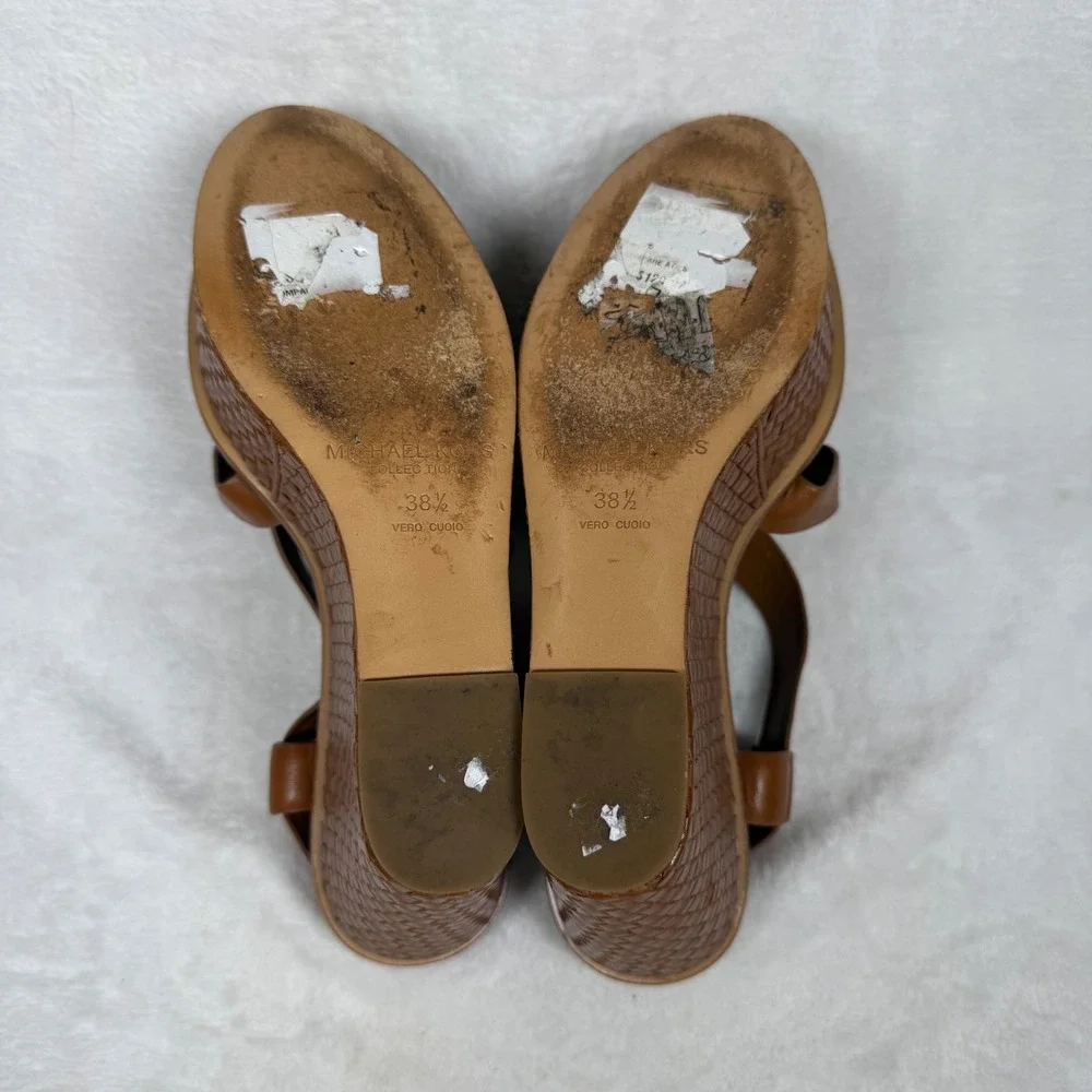 Michael‎ Kors Collection Tan Leather Woven Platform Wedge Sandals 38.5/8